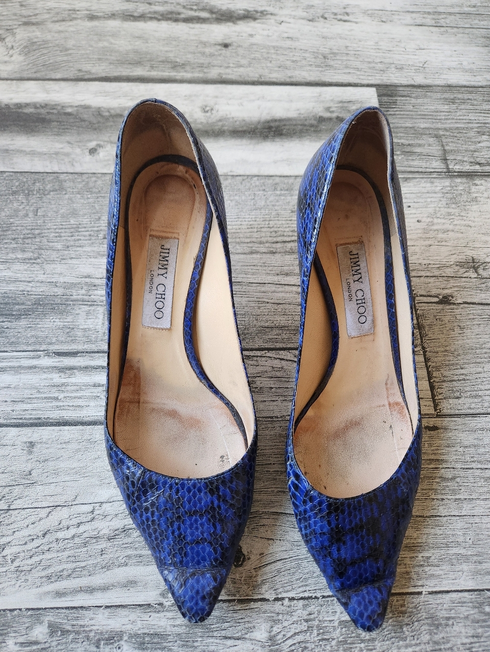Jimmy Choo Blue Snakeskin Anouk Pointed Toe Pumps Size 40